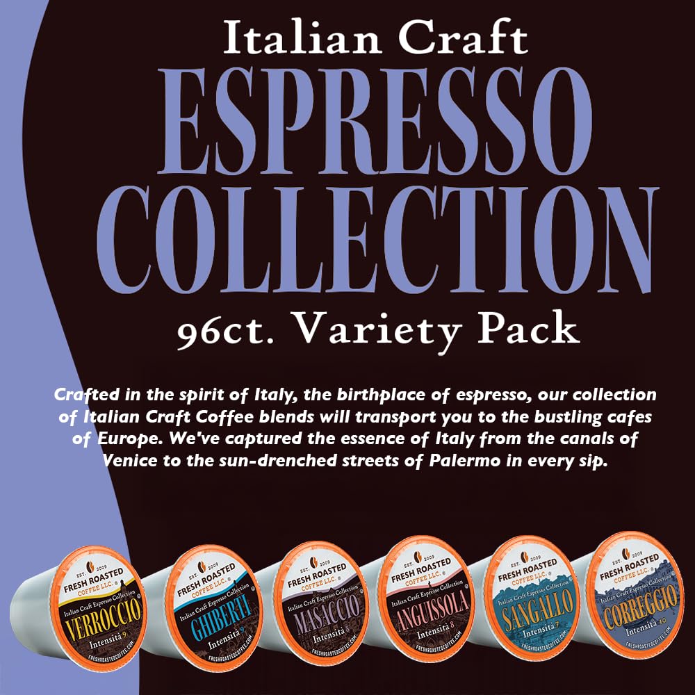 Fresh Roasted Coffee, Italian Craft Coffee Variety Pack, Artisan Blend, Dark Roast, Kosher, 96 Pods for K cup Brewers