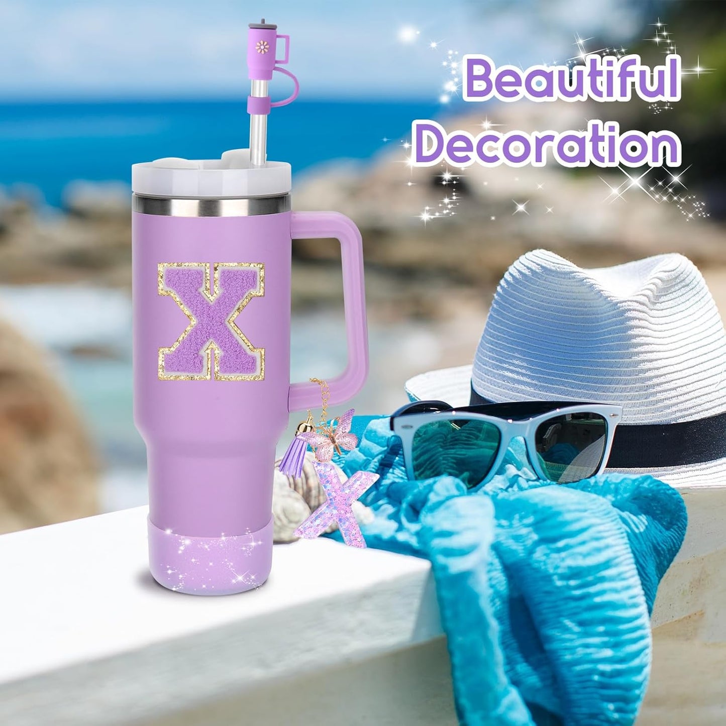 Mity rain 6PCS Cup Accessories Set for Stanley Cup 30oz 40oz tumbler with handle, Including Silicone Straw Topper Cover Cap and Boot, Spill Proof Stopper, Handle Charm, Initials Sticker (Letter X)