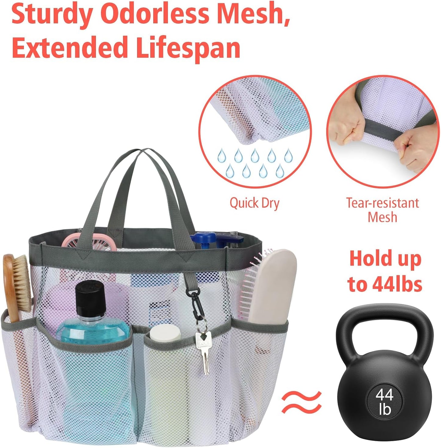 F-color Mesh Shower Caddy Portable, Upgrade Deeper 7 Pockets Shower Bag Basket Tote for College Dorm Room Toiletry Bathroom Essentials Gym Camp Quick Dry 2 handles with S Hook, White