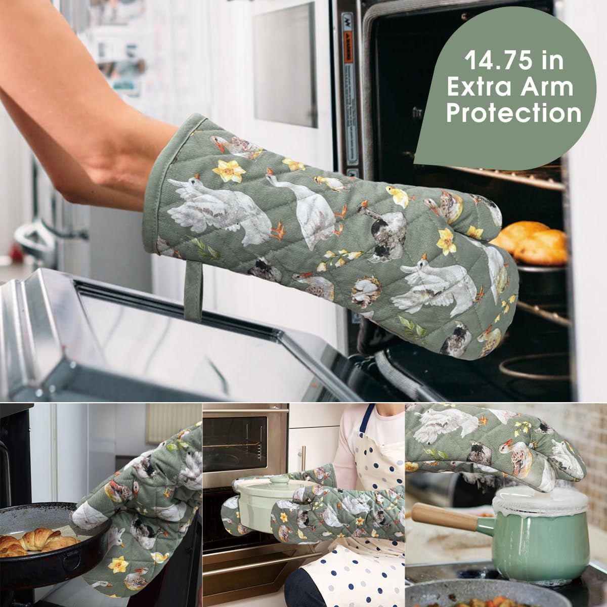 Oven Mitts Cotton Fashion Cute Teal Design 1pair Heat Resistant Oven Gloves Safe Cooking Baking Grilling Barbecue Machine Washable Pot Holders (Teal)