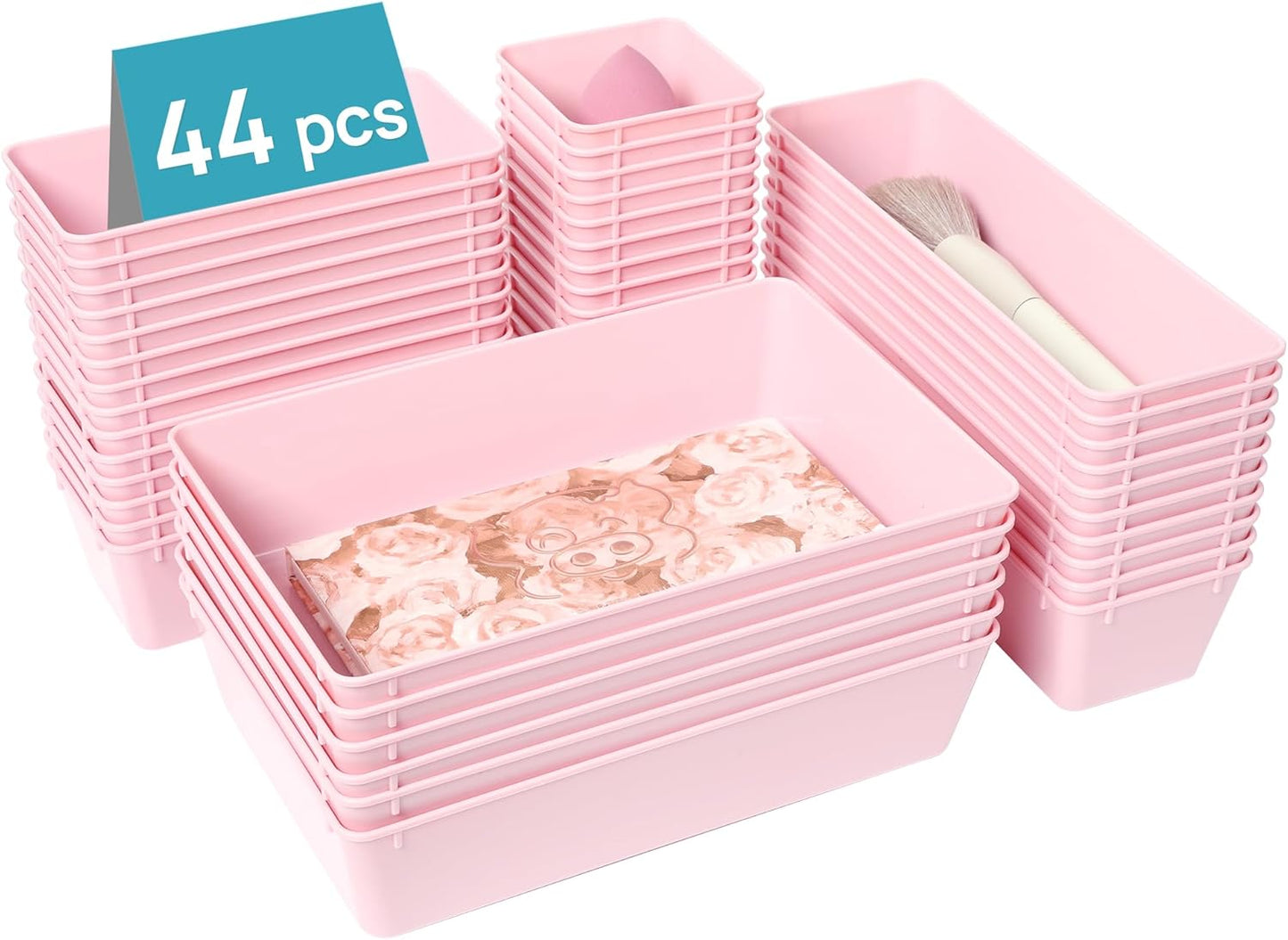 Vtopmart 44 PCS Plastic Drawer Organizers Set, 4-Size Versatile Bathroom and Vanity Organizer Trays, Non-Slip Storage Containers for Makeup, Jewelries, Bedroom，Kitchen Utensils and Office, Pink