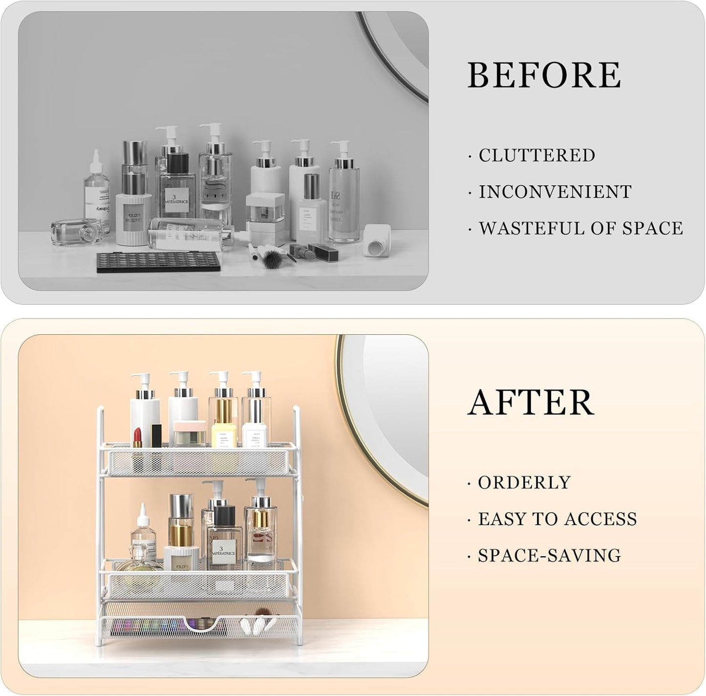 LEMIKKLE 2-Tier Bathroom Counter Organizer with Drawers, Multi-Purpose Makeup Organizer Countertop, Large Skincare Organizers, Exquisite Vanity Shelf