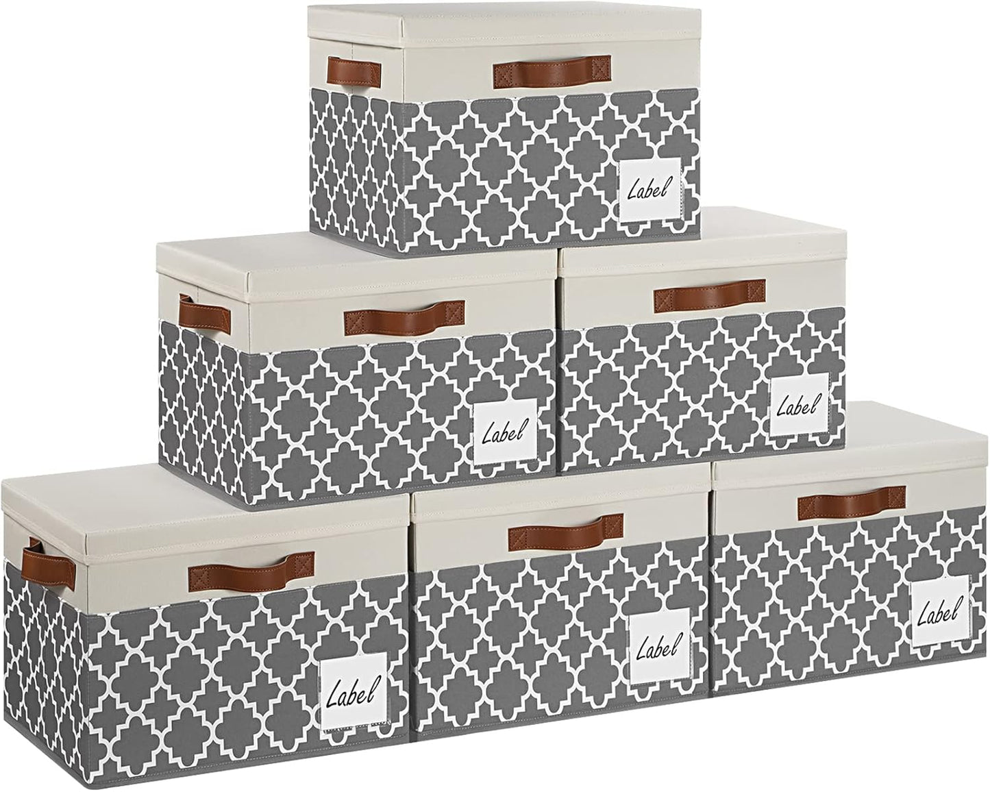 GhvyenntteS Large Fabric Storage Bins with Lids (6 Pack), Foldable Decorative Storage Boxes with Lids and 3 Handles, Sturdy Storage Baskets with Label Window for Home Office (White&Lattice Grey)