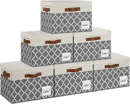 GhvyenntteS Large Fabric Storage Bins with Lids (6 Pack), Foldable Decorative Storage Boxes with Lids and 3 Handles, Sturdy Storage Baskets with Label Window for Home Office (White&Lattice Grey)