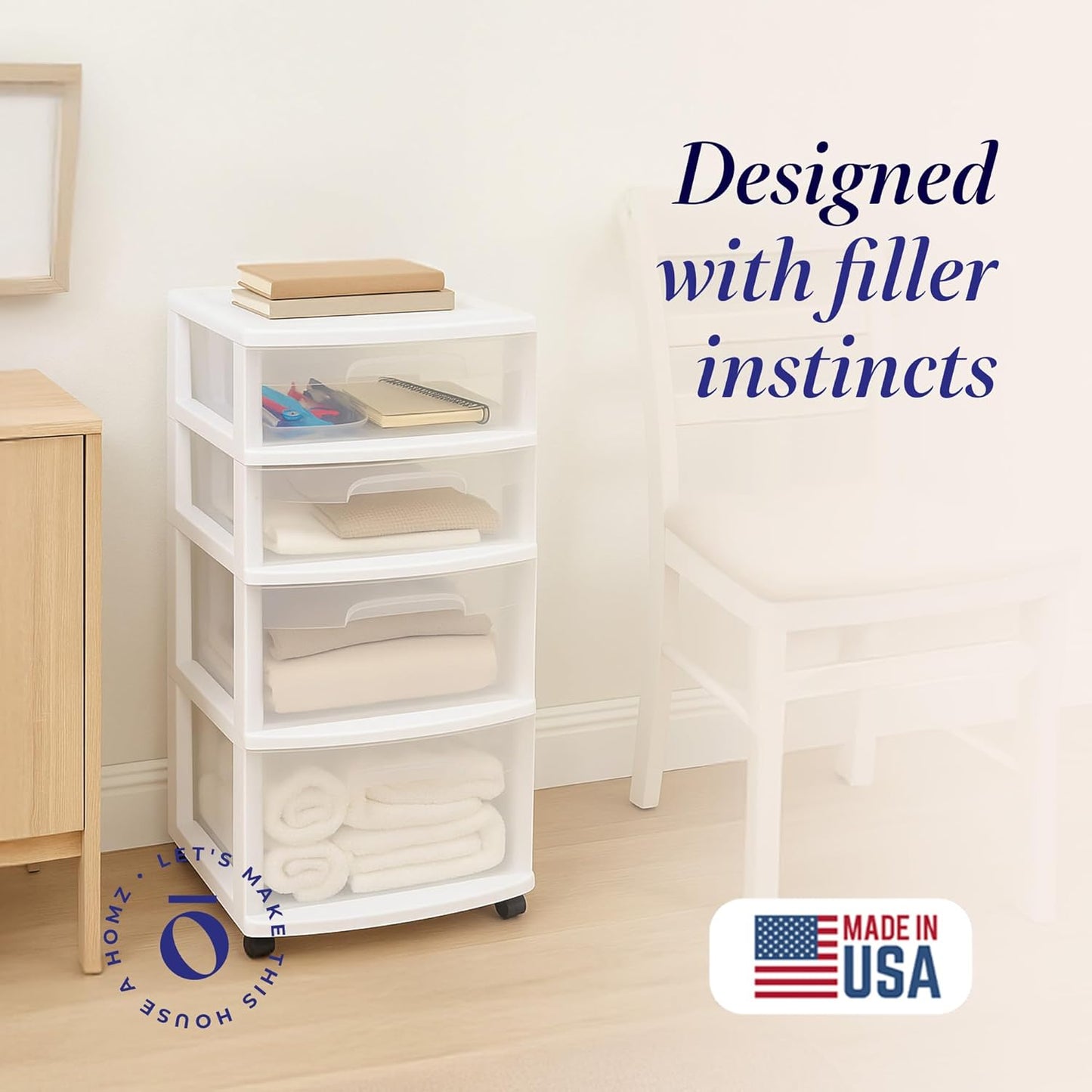 HOMZ Drawer Tower, 4-Tier Clear Plastic Storage Organizer Cart, White Frame – Rolling Containers with Wheels for Bathroom, Bedroom, Office, and Classroom Organization