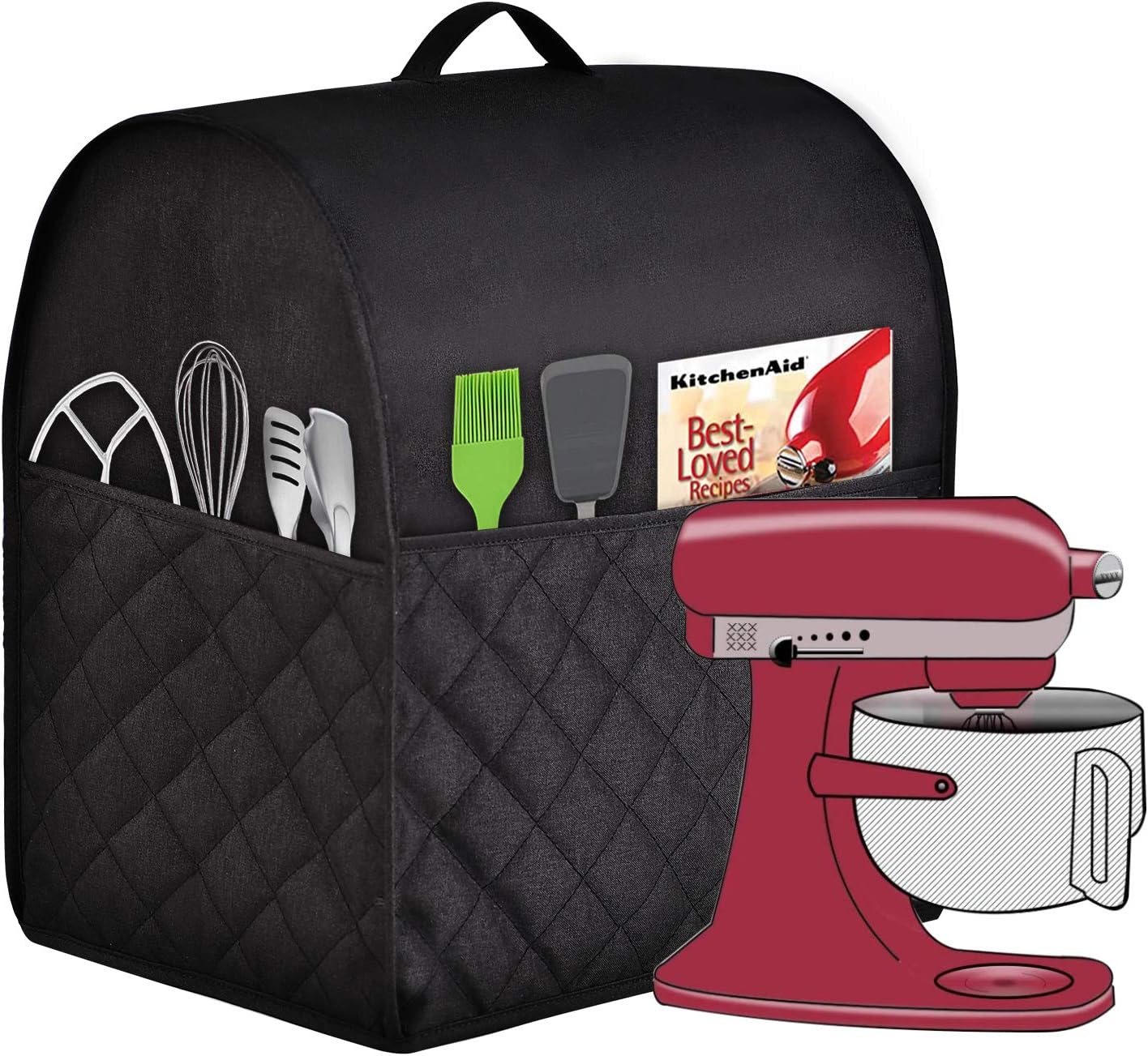 Stand Mixer Dust-proof Cover for KitchenAid Mixer，Multi Pockets for Various Kitchen Appliance Accessories，Water-resistant，Easy Cleaning (Black, Fit for Tilt Head 4.5-5 Quart)