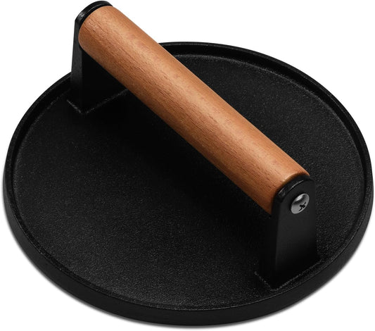 EWFEN Cast Iron Smash Bacon Press Meat Steak with Wood Handle, Burger Press(Round with Flat Bottom)