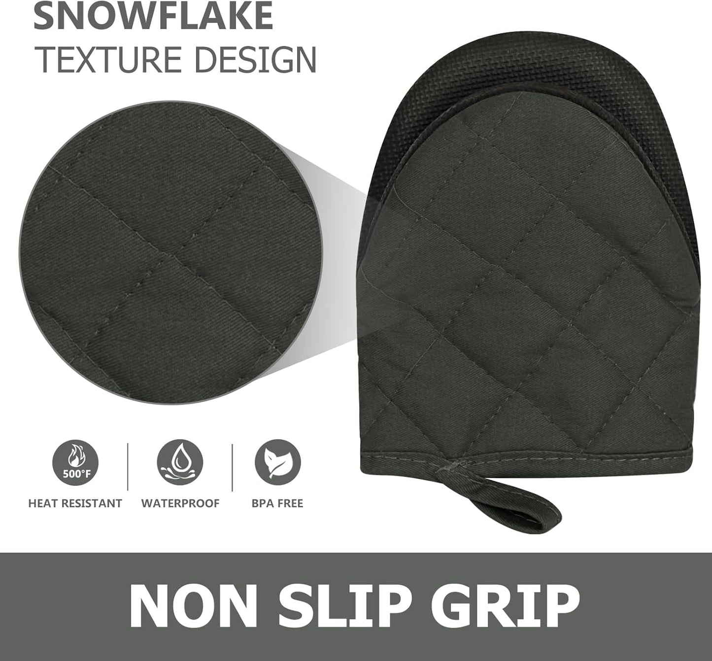 1 Pair Short Oven Mitts, Heat Resistant Silicone Kitchen Mini Oven Mitts for 500 Degrees, Non-Slip Grip Surfaces and Hanging Loop Gloves, Baking Grilling Barbecue Microwave Machine Washable (Gray)