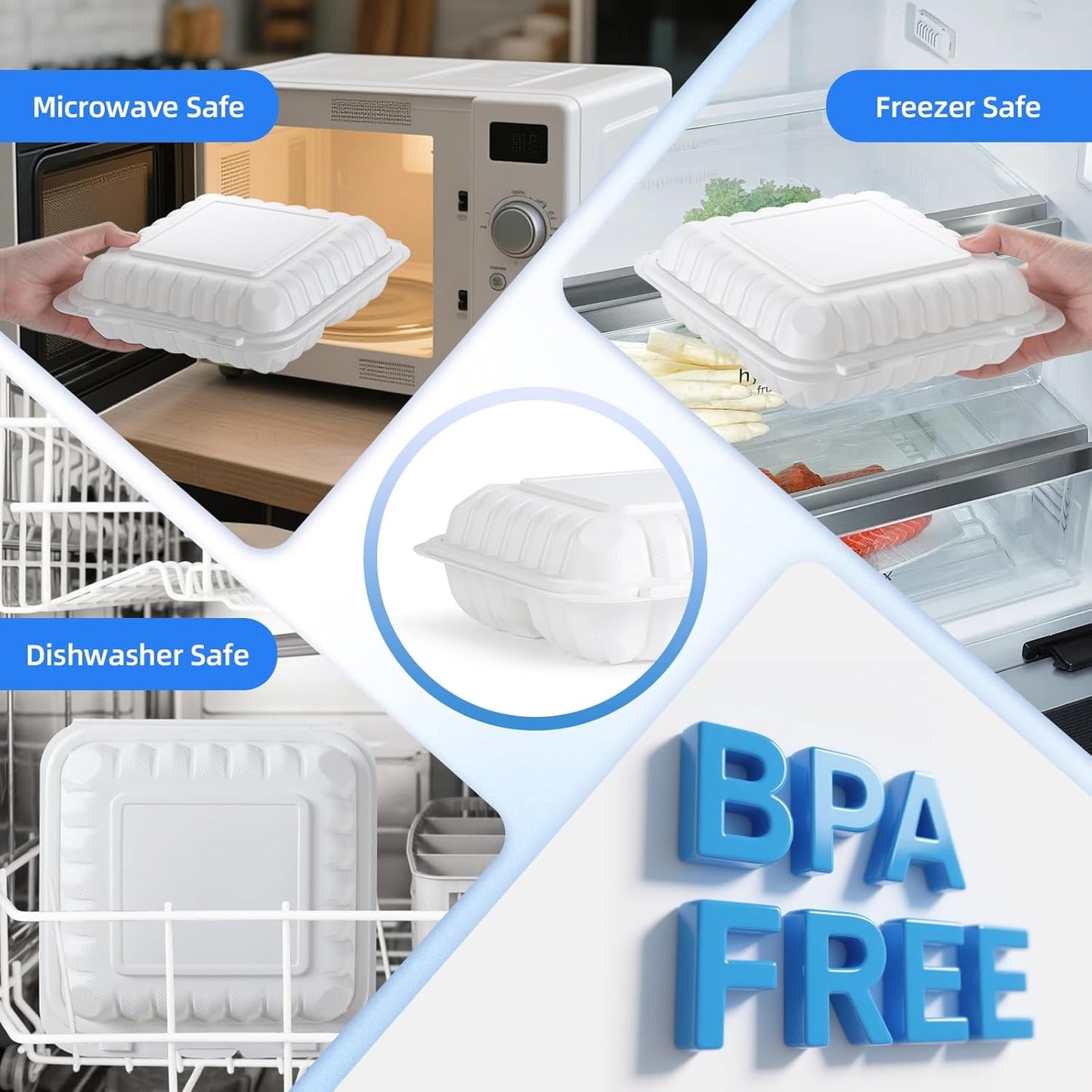 YANGRUI Food Containers 9 Inch 41 oz 100 Pack - Shrink Wrapped Sanitary | Mineral Filled BPA Free PP Plastic | Reusable Heavy Duty Freezer & Microwave Safe | Stackable Design Takeout Container