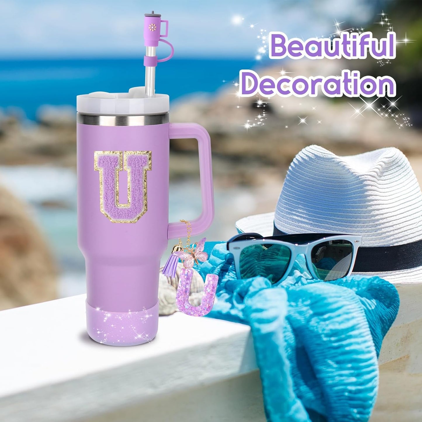 Mity rain 6PCS Cup Accessories Set for Stanley Cup 30oz 40oz tumbler with handle, Including Silicone Straw Topper Cover Cap and Boot, Spill Proof Stopper, Handle Charm, Initials Sticker (Letter U)