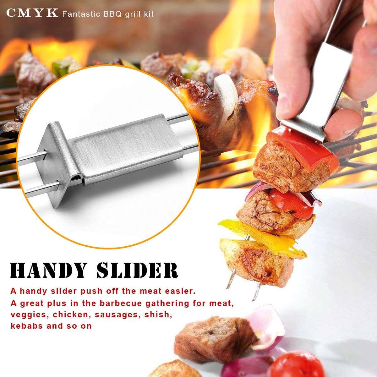 CMYK Barbecue Skewers, 6-Pack 13" Stainless Steel Grilling Skewers with Slider, Reusable Metal BBQ Shish Kabob Skewers Sticks