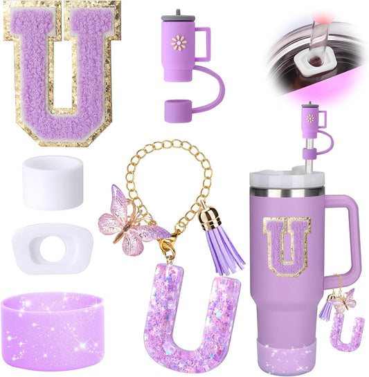 Mity rain 6PCS Cup Accessories Set for Stanley Cup 30oz 40oz tumbler with handle, Including Silicone Straw Topper Cover Cap and Boot, Spill Proof Stopper, Handle Charm, Initials Sticker (Letter U)