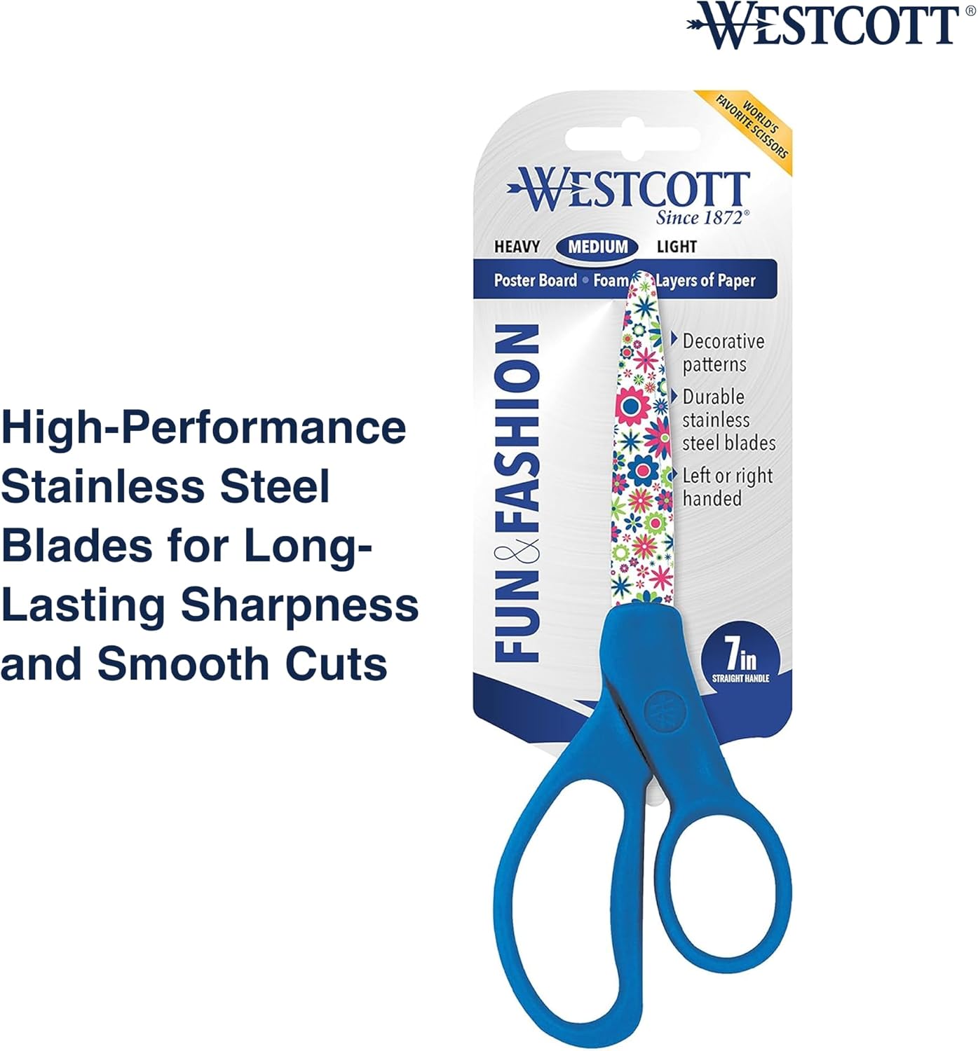 Westcott Fun and Fashionable Student Scissors for Ages 12+, Stainless Steel Floral-Printed Blades, Back-to-School, School Supplies, Classroom Supplies, 7-Inch