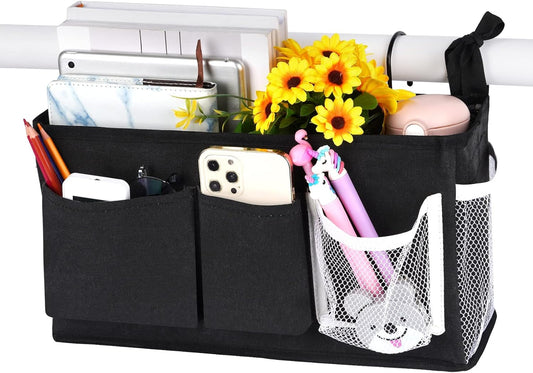 Loghot Bedside Caddy/Bedside Storage Bag Hanging Organizer for Bunk and Hospital Beds,Dorm Rooms Bed Rails,Can be Placed Glasses,Books,Mobile Phones,Keys (New Black-1)