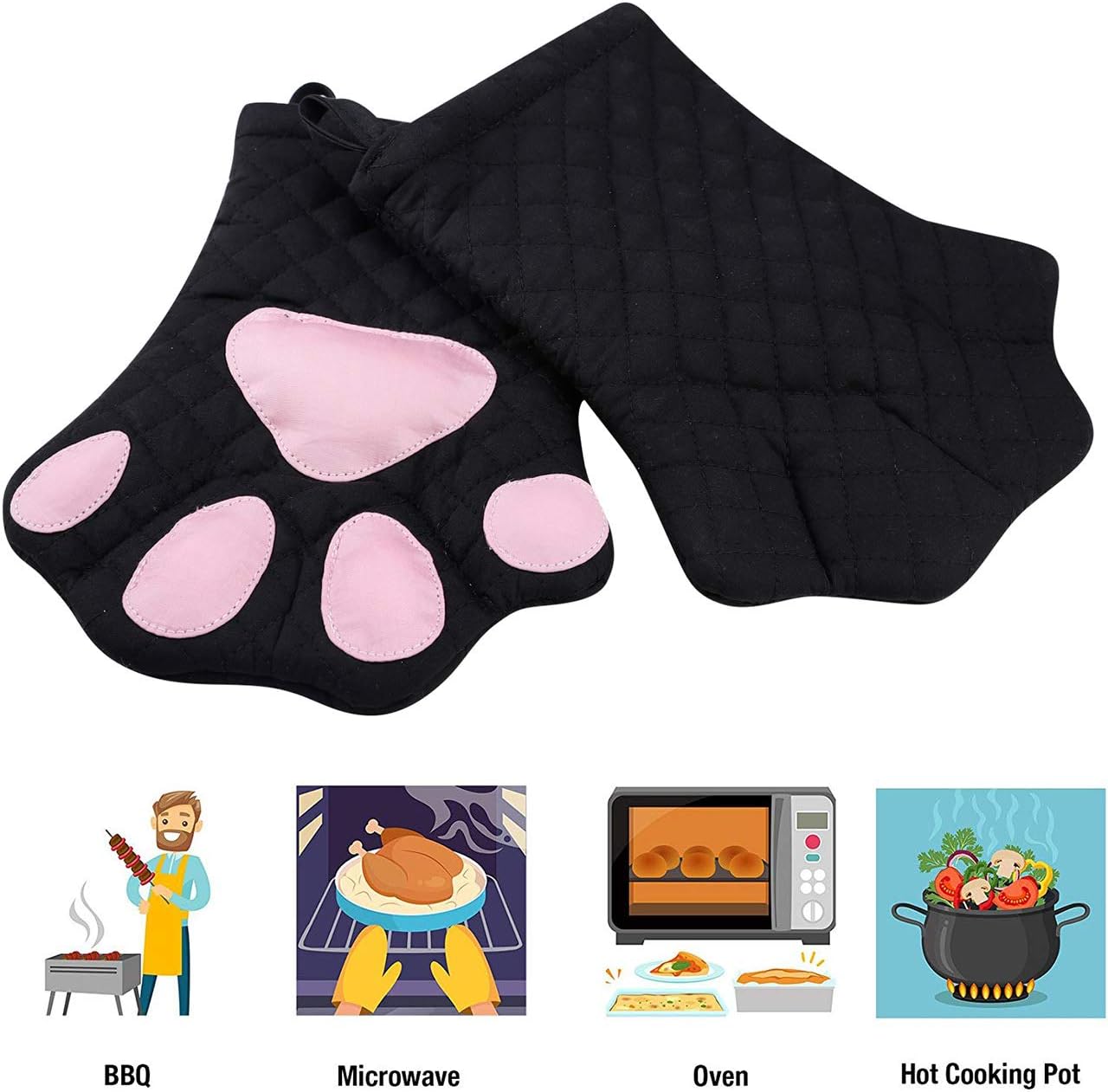 Oven Mitts,Cat Design Heat Resistant Cooking Glove Quilted Cotton Lining- Heat Resistant Pot Holder Gloves for Grilling & Baking Gloves BBQ Oven Gloves Kitchen Tools Gift Set BBQ,Microwave (Black)