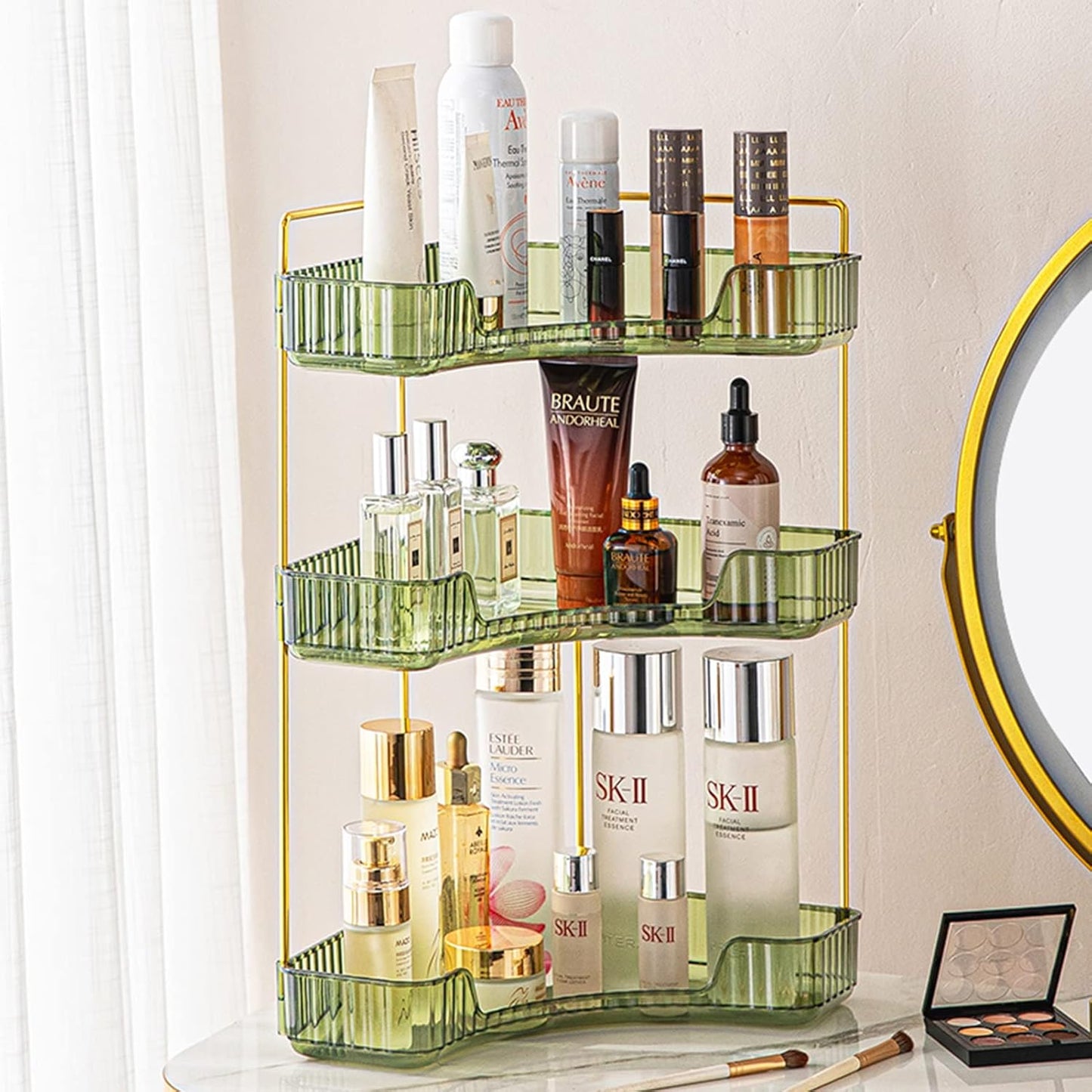 3-Tier Corner Bathroom Counter Organizer – Classic Storage Shelf for Makeup, Perfume & Toiletries, Space-Saving Countertop Tray Fits Bathroom, Dresser, Kitchen (Sage Green)