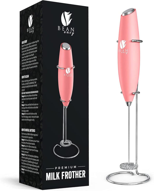 Bean Envy Milk Frother, Coffee Stirrers, Frother Wand, Milk Frother Handheld, Frother with stand, Hand Blender for Coffee, Lattes, Cappuccino, Matcha and Hot Chocolate – Kitchen Gifts - Rose Pink