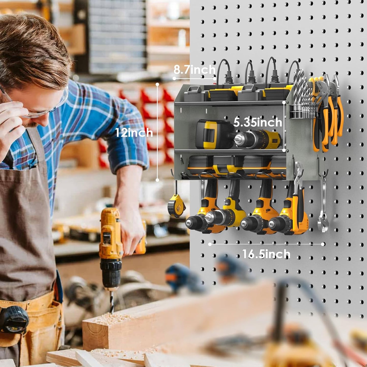 CCCEI Modular Power Tool Organizer Wall Mount with Charging Station. Garage Drill Storage Shelf with Hooks, Heavy Duty Rack, Tool Battery Holder Built in 8 Outlet. Gift for Men. Grey, 1 Pack.