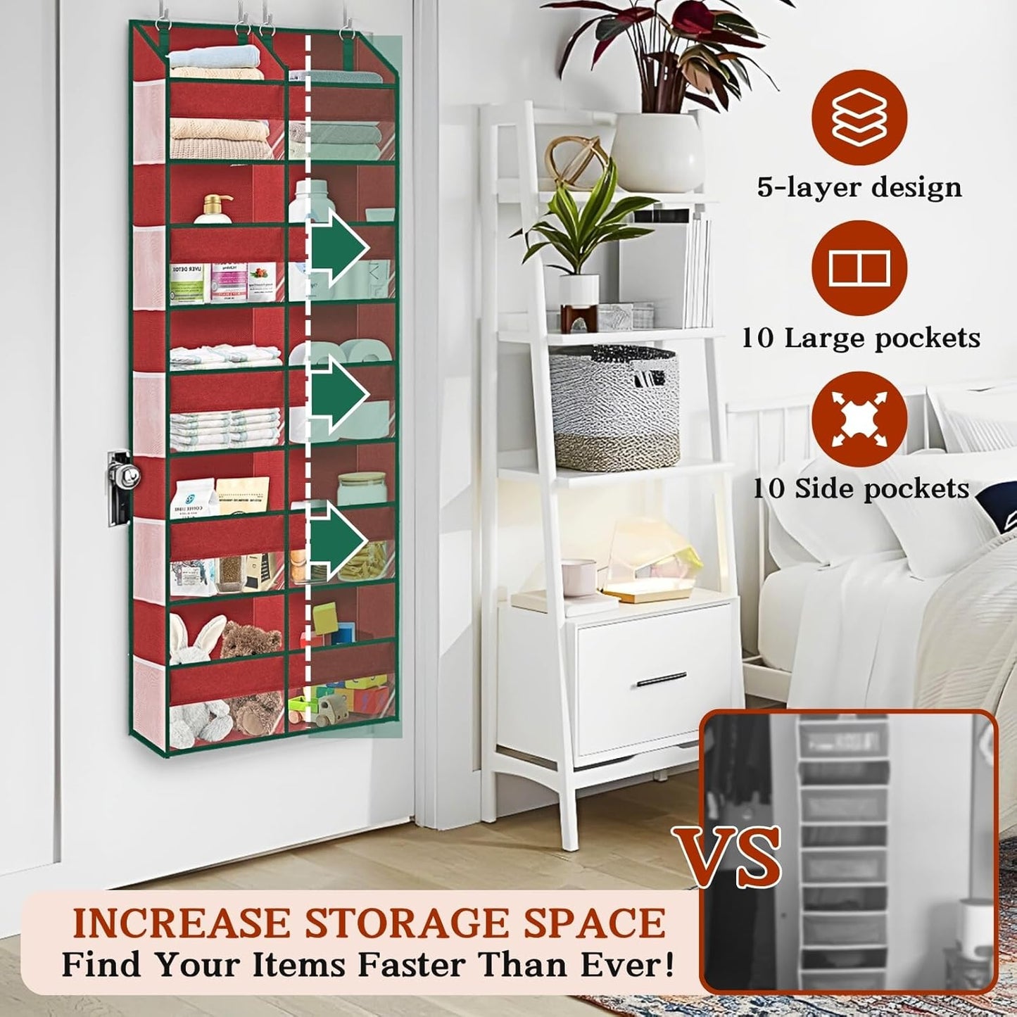 Christmas Over The Door Organizer 5 Tiers, Extra Large Behind Door Storage of 10 Compartments, 80 lbs Weight Capacity Hanging Storage Organizer with Clear Window Kids Toys, Shoes, Diapers, Red