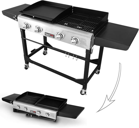 Royal Gourmet GD401 Portable Propane Gas Grill and Griddle Combo with Side Table | 4-Burner, Folding Legs,Versatile, Outdoor | Black 66 Inch