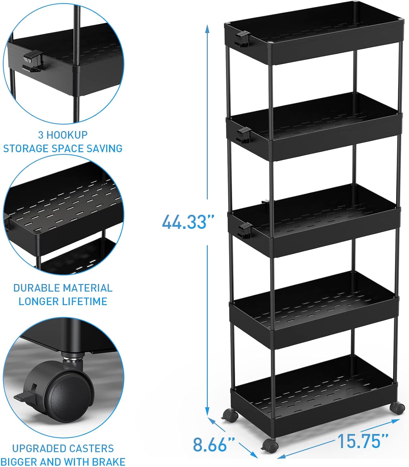 SPACEKEEPER 5-Tier Rolling Cart, Bathroom Storage Organizer Utility Cart, Mobile Shelving Unit Slide Out Shelves for Kitchen Living Room Laundry Room & Dressers, Black