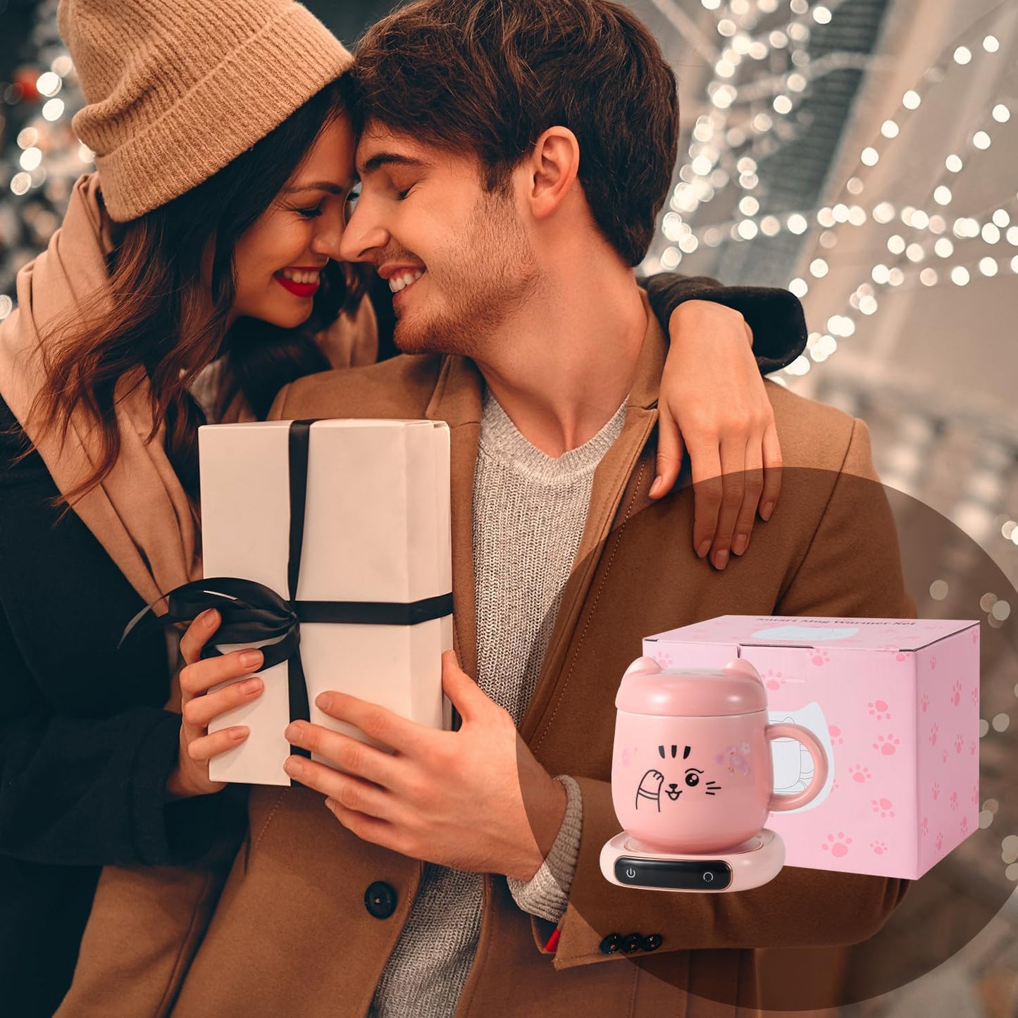 Bsigo Electric LED Display Smart Coffee Mug Warmer & Cute Cat Mug Set, Beverage Cup Warmer for Desk, Warmer Plate for Milk Tea with 3-Temperature Settings (Up to 140℉/60℃), 8 Hour Auto Shut Off, Pink