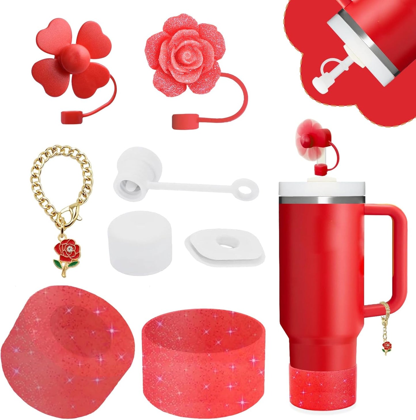 Stanley Cup Accessories Set,Including 2 Pcs 0.4in Straw Cover, 1 Silicone Spill-Proof Stopper Set of 3, 1 Cute Rose Handle Charm, 1 Silicone Boot Fits Stanley 40&30 Oz Tumbler (Chili)
