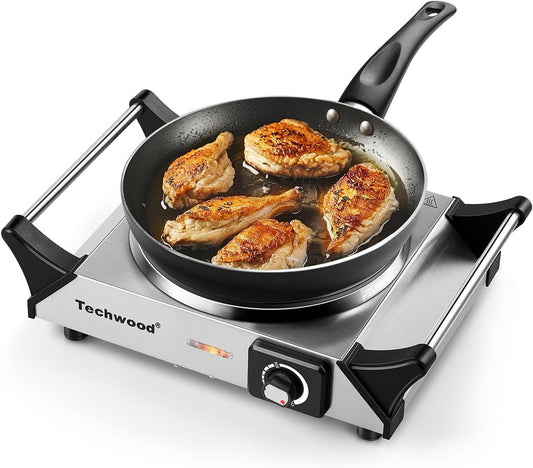 Hot Plate, Techwood Single Burner for Cooking, 1500W Countertop Electric Stove with Adjustable Temperature & Stay Cool Handles, 7.3" Cooktop for RV/Home, Upgraded Version Silver