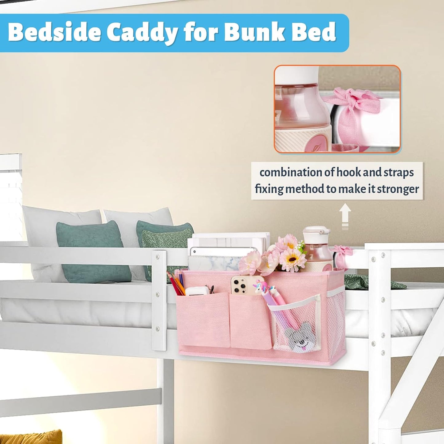 Loghot Bedside Caddy/Bedside Storage Bag Hanging Organizer for Bunk and Hospital Beds,Dorm Rooms Bed Rails,Can be Placed Glasses,Books,Mobile Phones,Keys (New Pink-1)