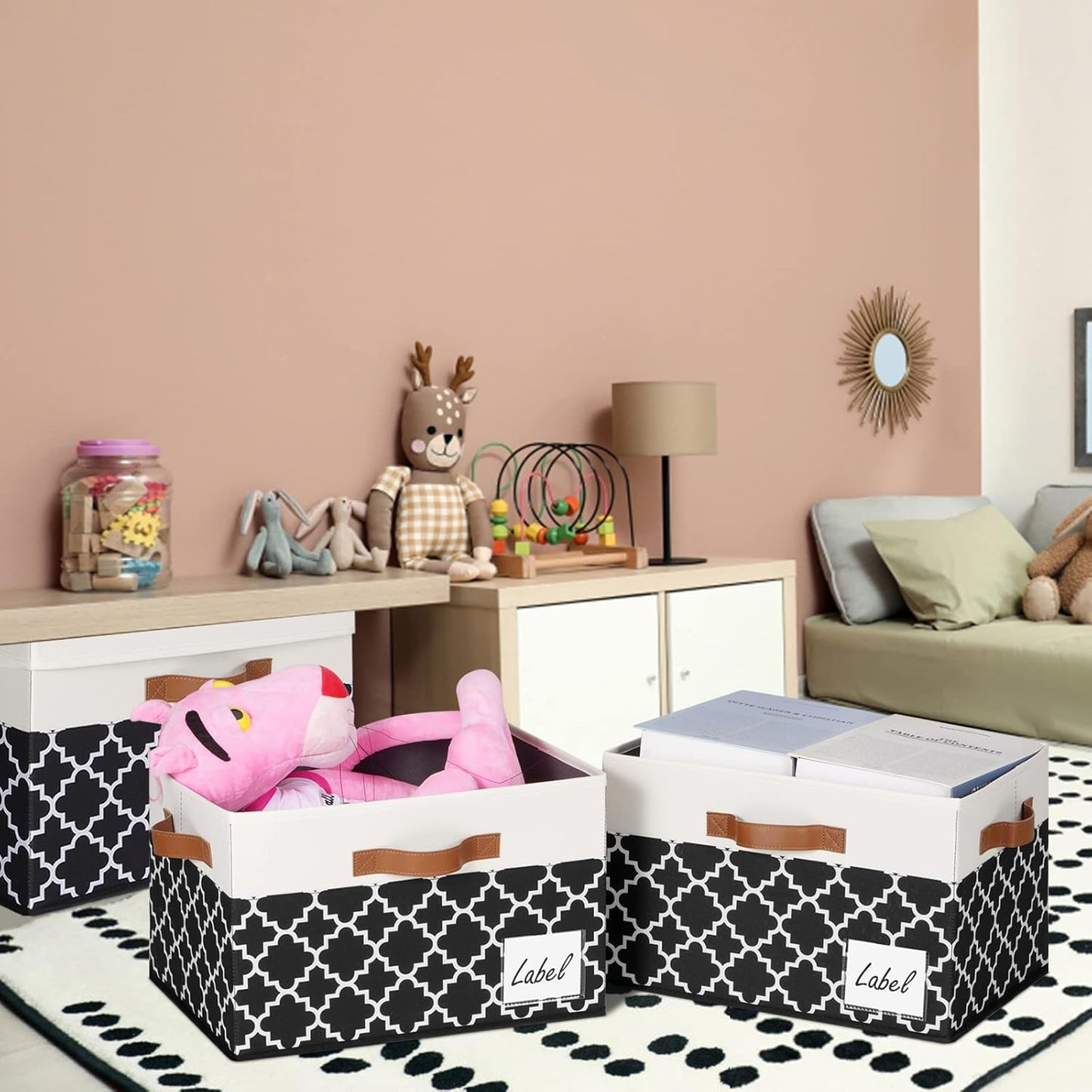 GhvyenntteS 6 Pack Fabric Storage Bins with Lids, Foldable Fabric Storage Boxes with Lids and 3 Handles, Sturdy Closet Organizers and Storage Bins with Label Window for Home (White&Lattice Black)