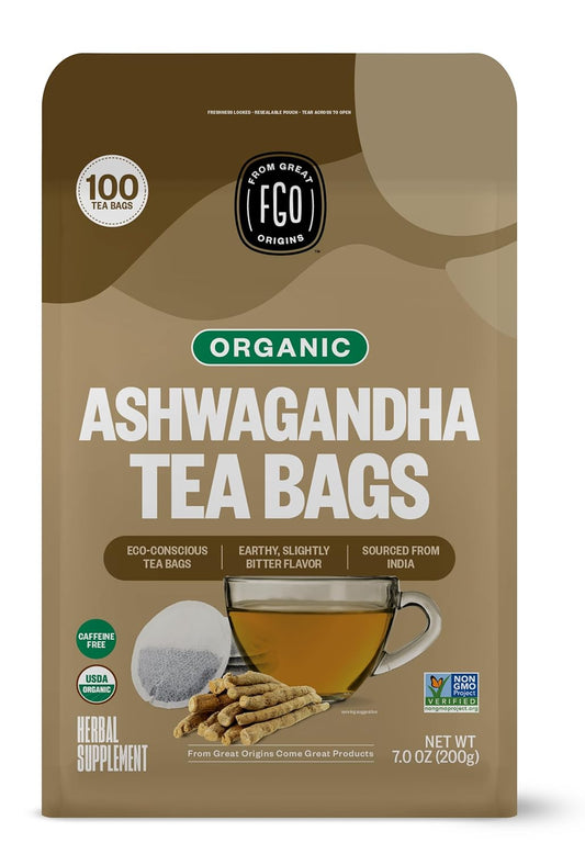 FGO Organic Ashwagandha Tea, 100 Count, Eco-Conscious Herbal Tea Bags, Resealable Bag, Caffeine Free, Packaging May Vary (Pack of 1)