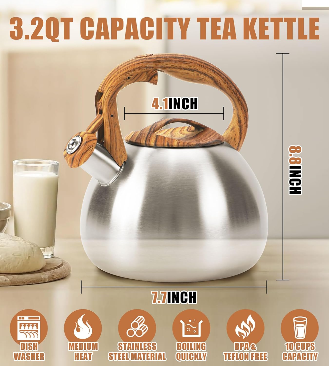 Classic Stainless Steel Whistling Kettle 3.2 Quart - Brushed Metal Finish with Wooden Handle, Stovetop Water Boiler for Home & Kitchen, Loud Alert Whistle & Drip-Free Spout (Silver)