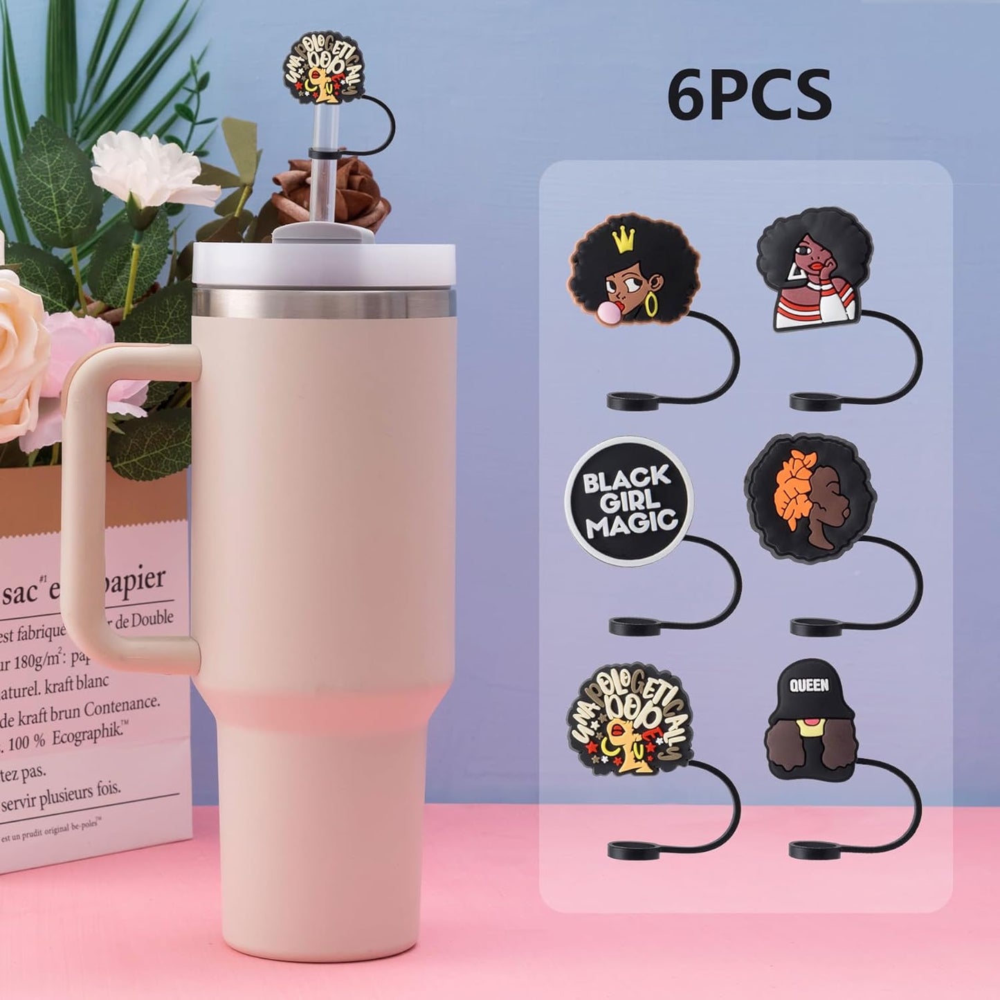 6Pcs Black Girl Straw Cover Cap for Stanley Cup Accessories, 10mm Cute Black Drinking Straw Topper for 40oz 30oz Stanley Tumbler, Dust-Proof Reusable Straw Tips Valentines Decor Gifts for Women