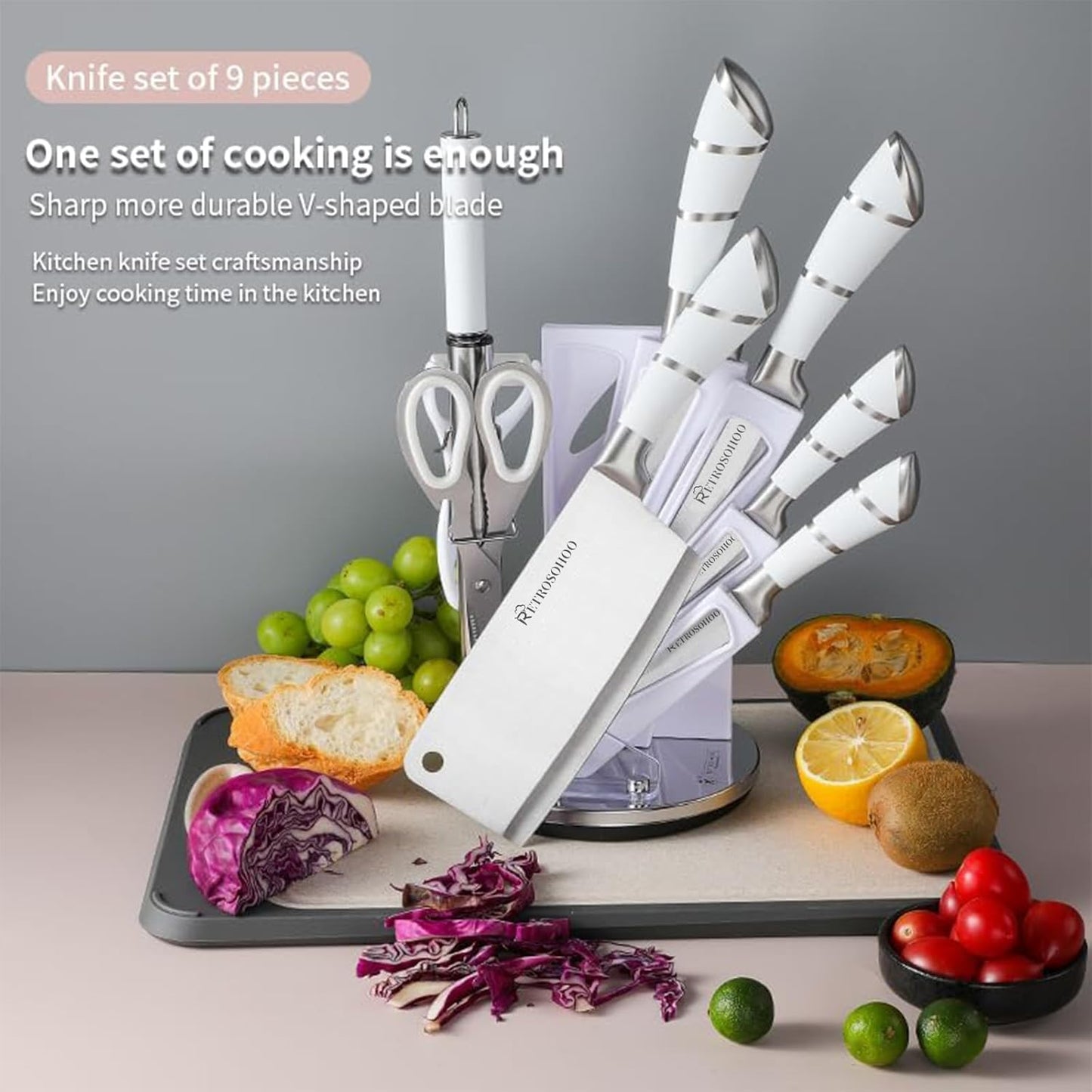 Kitchen Knife Set, Retrosohoo 9-Piece White Sharp Non-Stick Coated Chef Knives Block Set,Stainless Steel Knife Set for Kitchen with Sharpener for Cutting Slicing Dicing Chopping (White)