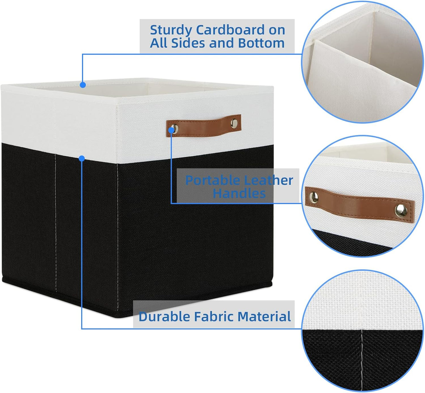 Temary Fabric Storage Bin 4 Pack Cube Storage Bin for Shelf Fabric Cube Storage Basket 13 Inch Cube Storage Bins Foldable Storage Cubes with Leather Handles(White&Black)