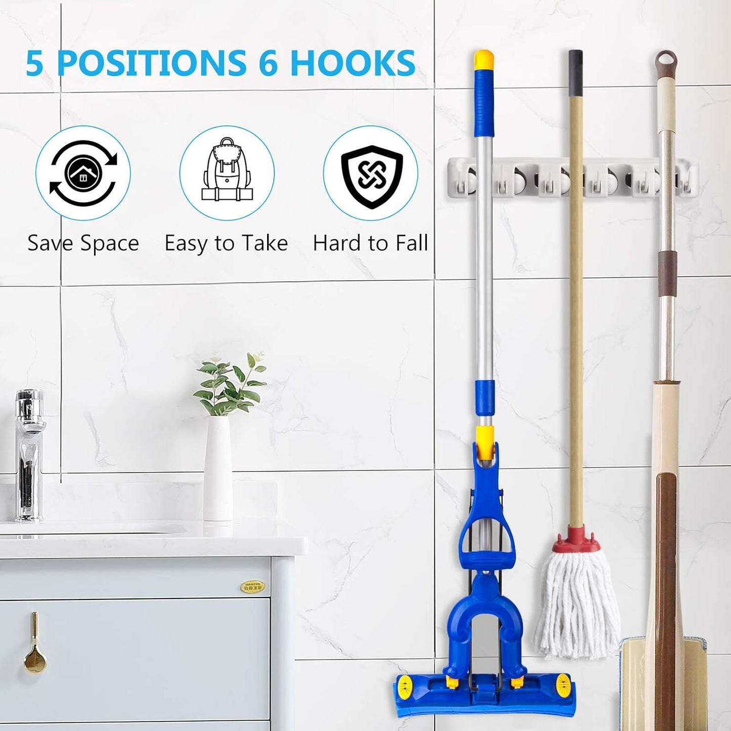 ONMIER 2 Pack Mop and Broom Holder wall mount Garage Organization Hanger Wall Mounted, Hanging Tool Organizer Storage Rack for Home Gard Yard Item - 5 Slots and 6 Hooks