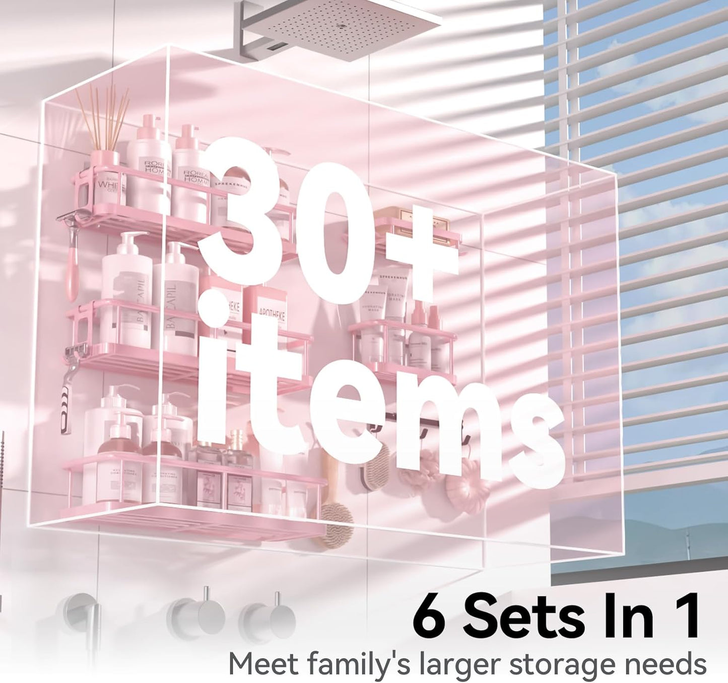 YASONIC Shower Caddy, 6 Pack Large Capacity Bath Organizer with Soap Holder and 12 Hooks, Rustproof Shower Shelves for Inside Shower, No Drilling&Sleek Bathroom Organizers and Storage Pink