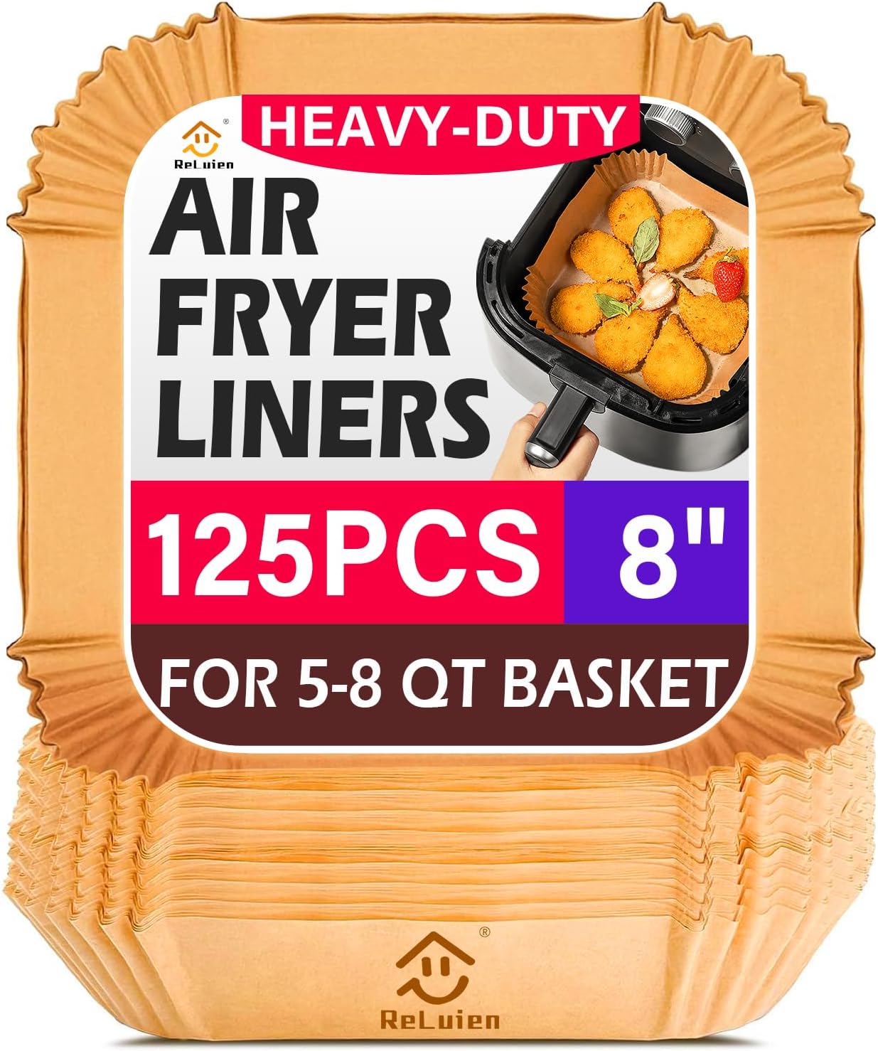 Air Fryer Liners Disposable, 125Pcs Parchment Paper, 8 Inch Non-stick Air Fryer Paper Liners, Unbleached Square Airfryer Liners for 5-8QT Air Fryer, Baking, Roasting Microwave