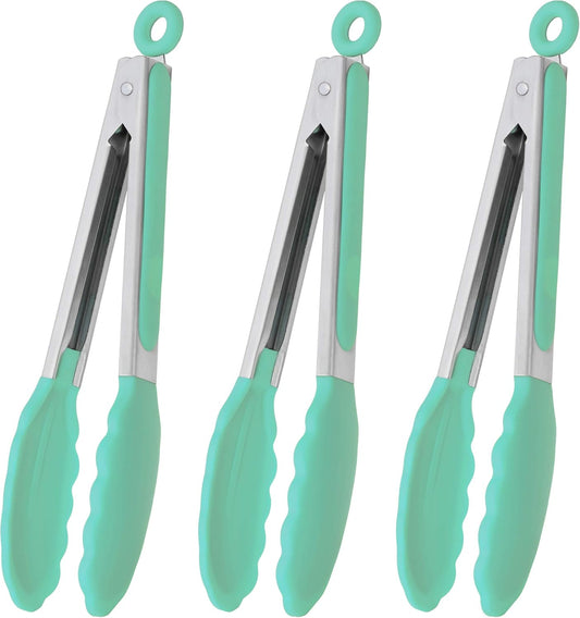 Kitchen Cooking Tongs with Silicone Tips 9-Inch Food Tongs, Set of 3 (Mint)
