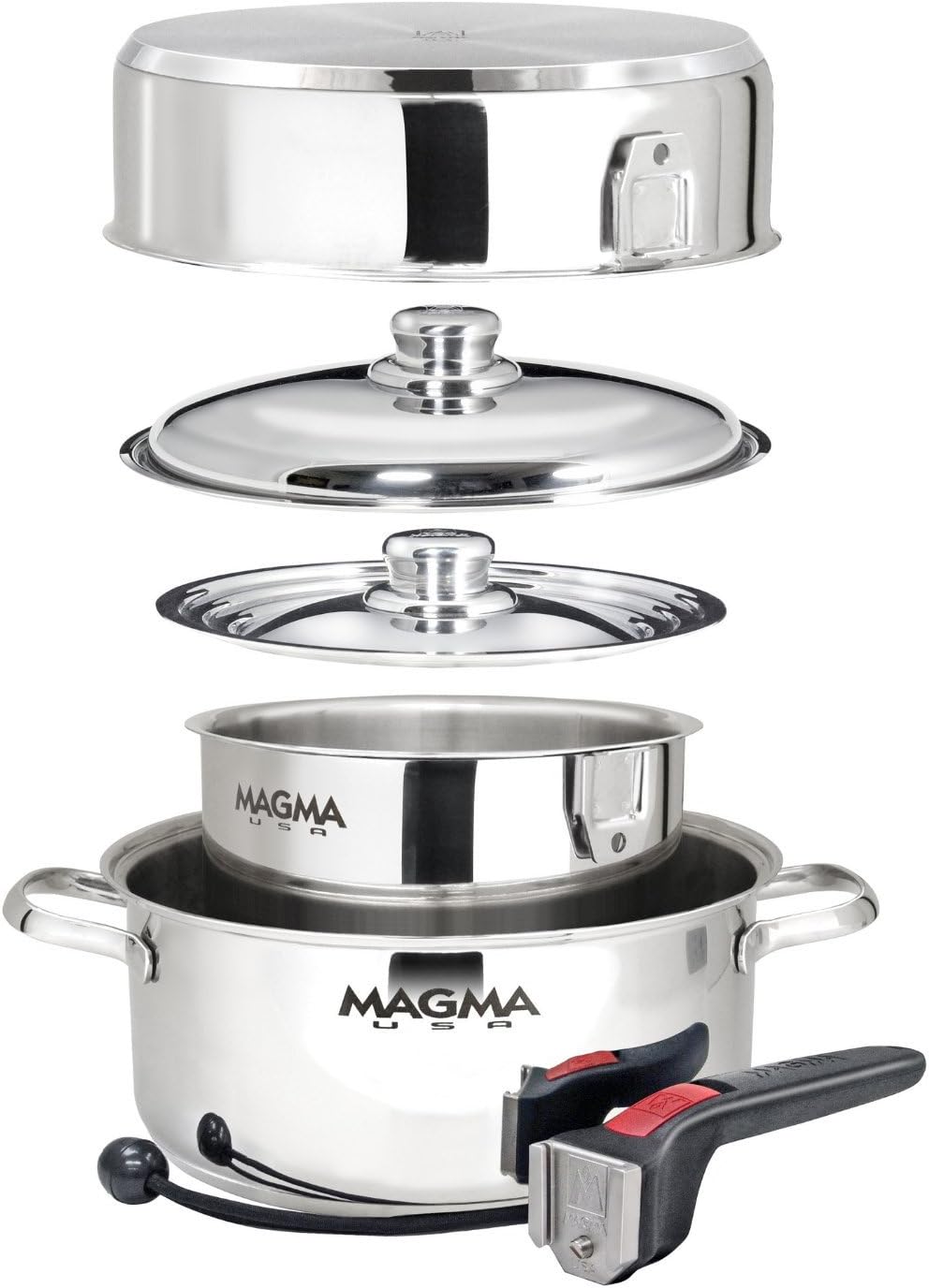 Magma 7 Piece Gourmet Nesting Stainless Steel Cookware Set, Induction Compatible, Oven Safe to 500°F - Suitable for All Stovetops, Removable Handles, Black