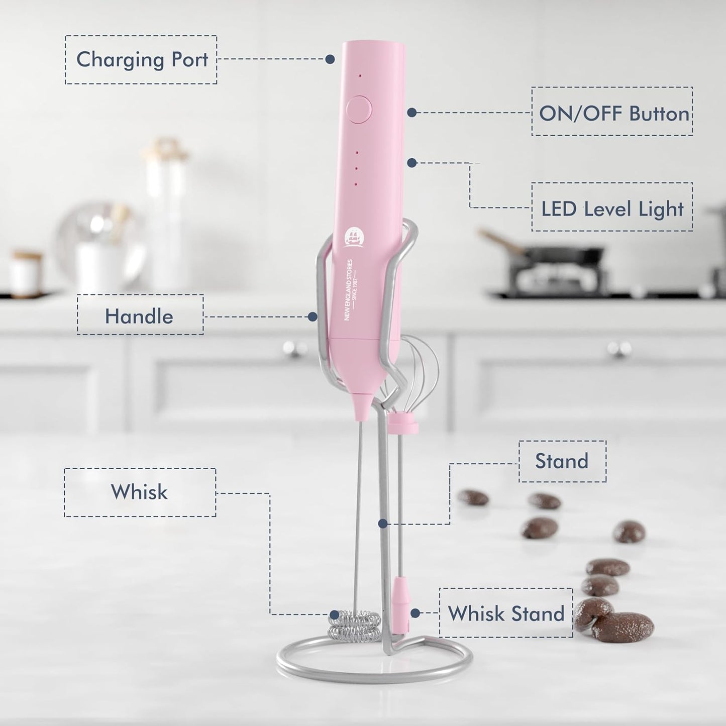 Rechargeable Milk Frother Wand with Stand, Foam Maker with Stainless Whisk, 3-Speeds Electric Handheld Drink Mixer for Coffee, Cappuccino, Latte, Matcha, Hot Chocolate (Pink)