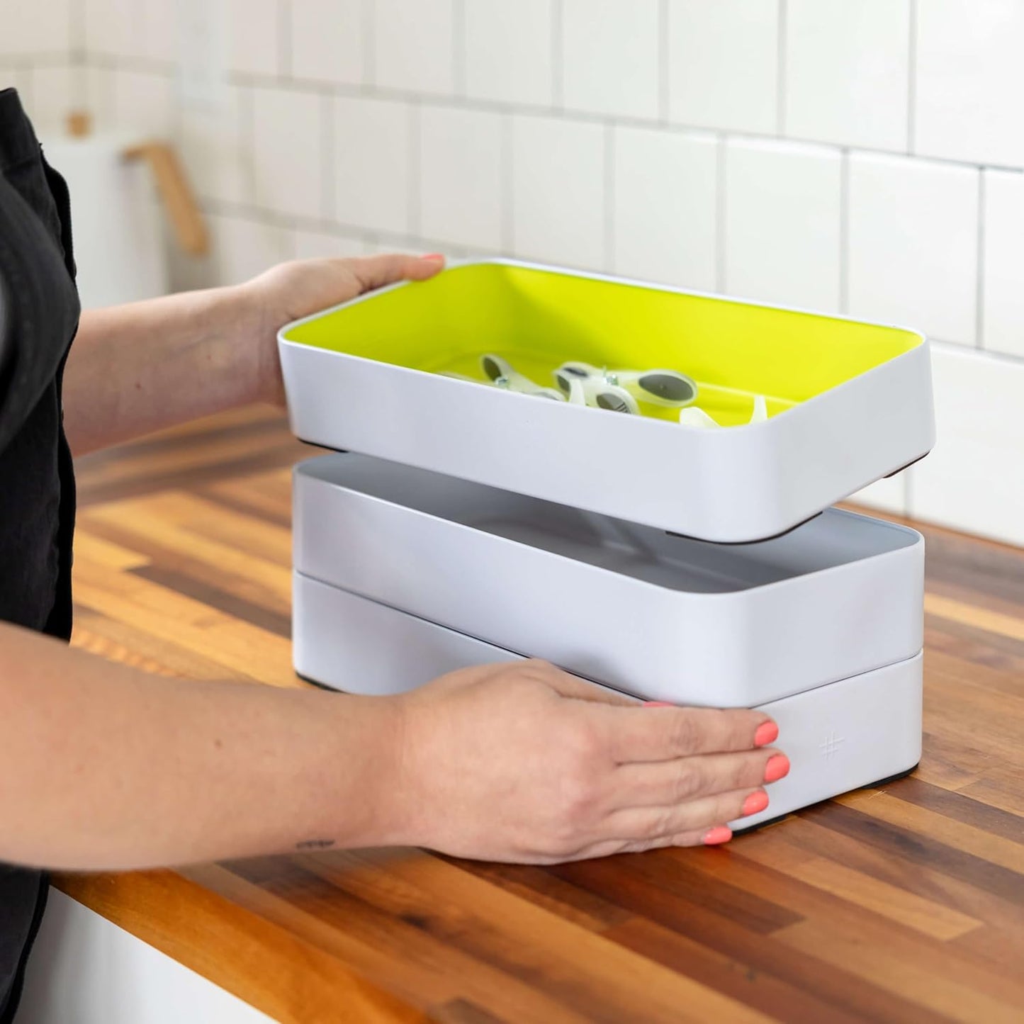 Three by Three Seattle 6 Piece Shallow Metal Organizer Tray Set for Storing Makeup, Stationery, Utensils, and More in Office Desk, Kitchen and Bathroom Drawers (1 Inch, Red Dots and Stripes)