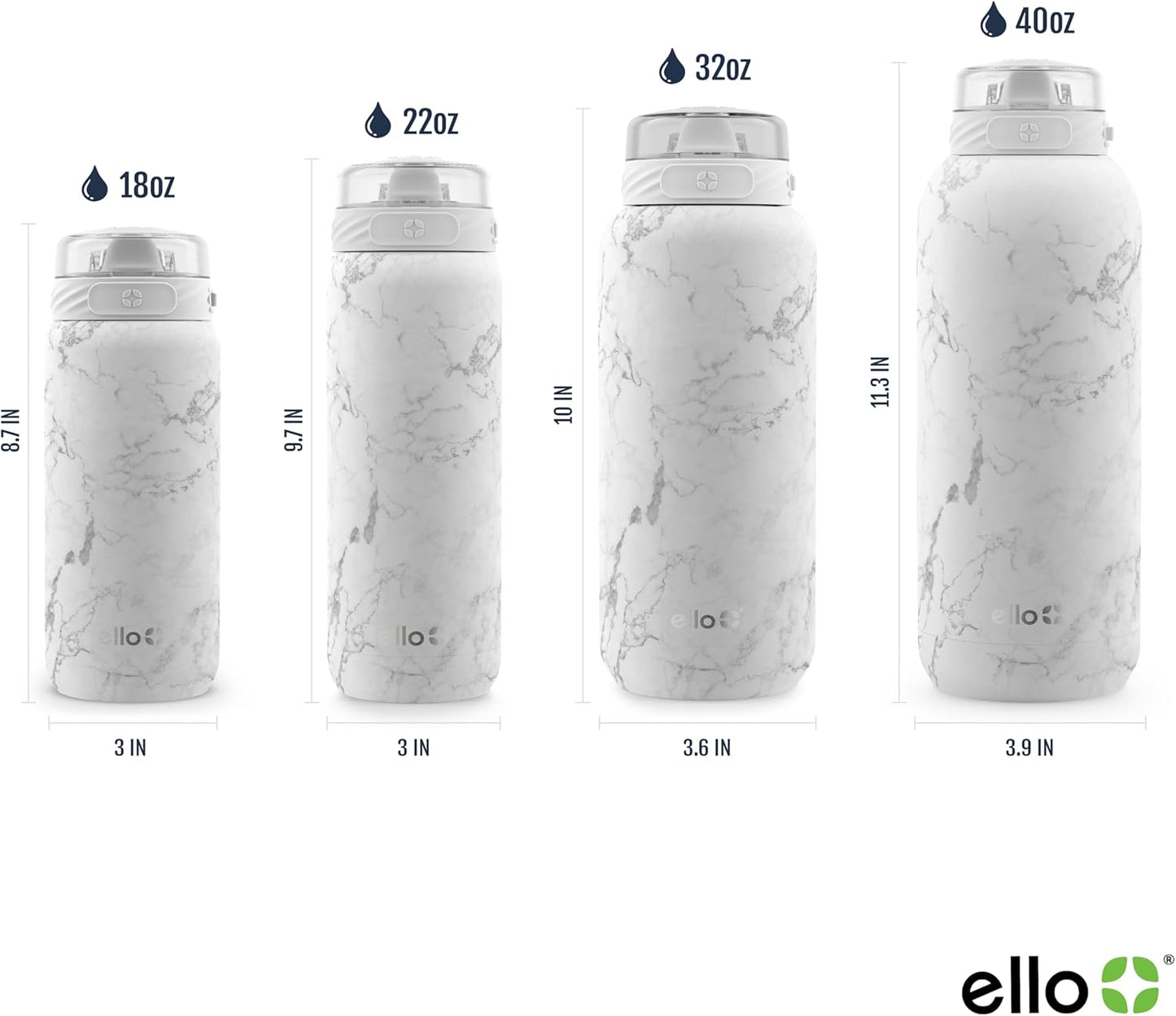 Ello Cooper 18oz Stainless Steel Water Bottle with Straw and Carry Handle, Double Walled and Vacuum Insulated Metal, Leak Proof Locking Lid with Soft Silicone Spout, Reusable, BPA Free, White Marble