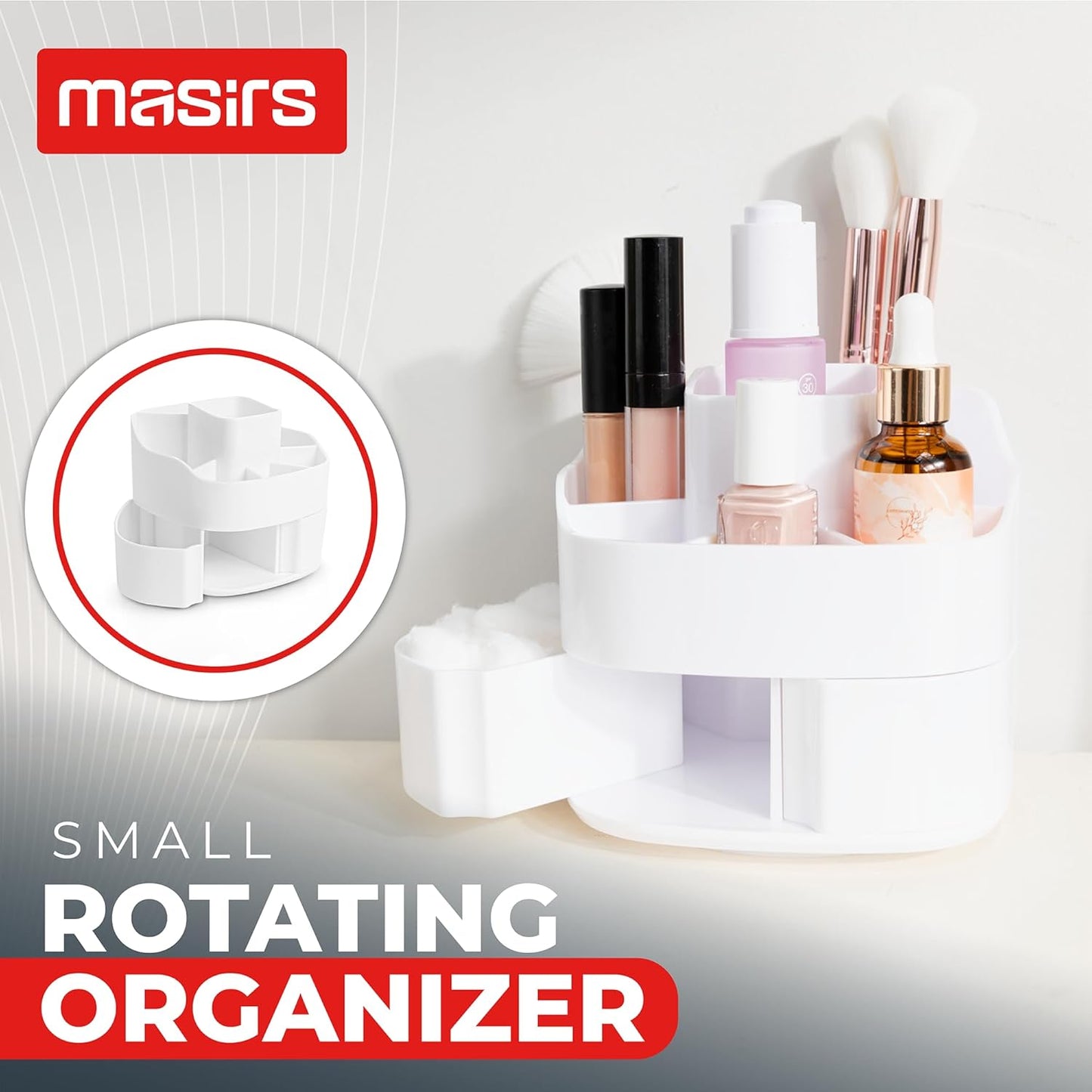 Masirs Small Rotating Makeup Organizer - Mini Yet Spacious Cosmetic Storage Solution with Multiple Compartments - The Perfect Spinning Make-Up Caddy for Vanity or Bathroom Counter (Square - White)