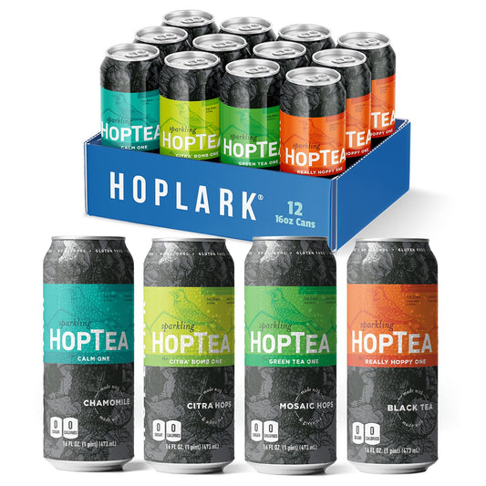 HOPLARK Sparkling HopTea – Sparkling Tea Sampler Featuring Green Tea, White, Black Tea and Chamomile – Zero Calorie – Unsweetened – Caffeinated and Caffeine-Free – 12 Pack 16oz Cans - The Core Mixed Pack