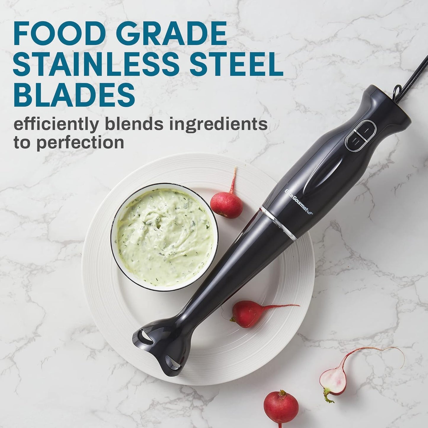 Elite Gourmet EHB1023 Immersion Hand Blender 300 Watts 2 Speed Mixing with Detachable Blades, Detachable Wand Stick Mixer, Smoothies, Baby Food, Soup, Black