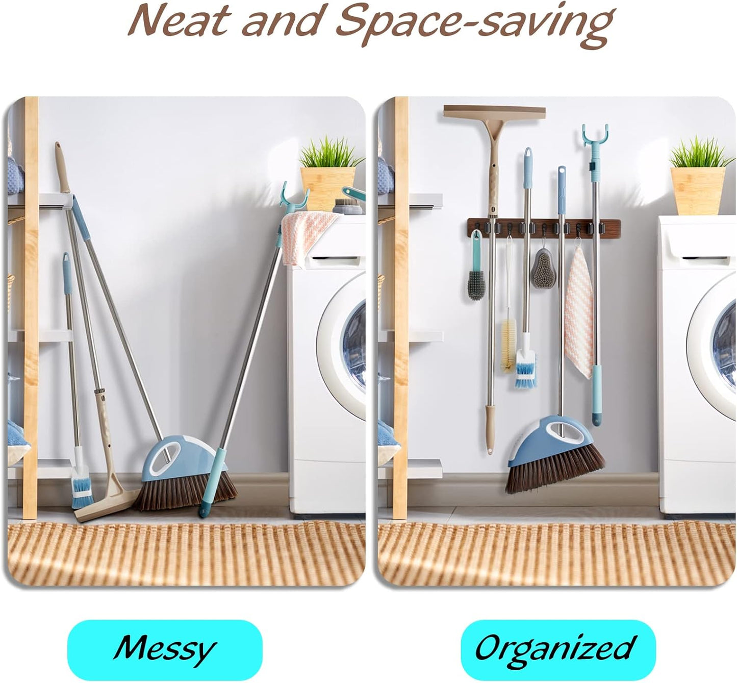 2 Pack Mop Broom Holder Wall Mount - Wood Broom Mop Hanger - Wall Mounted Garden Tool Rack Organizer for Closet Garage Laundry Room Farmhouse Rustic Kitchen Decor With 4 Slots & 4 Hooks