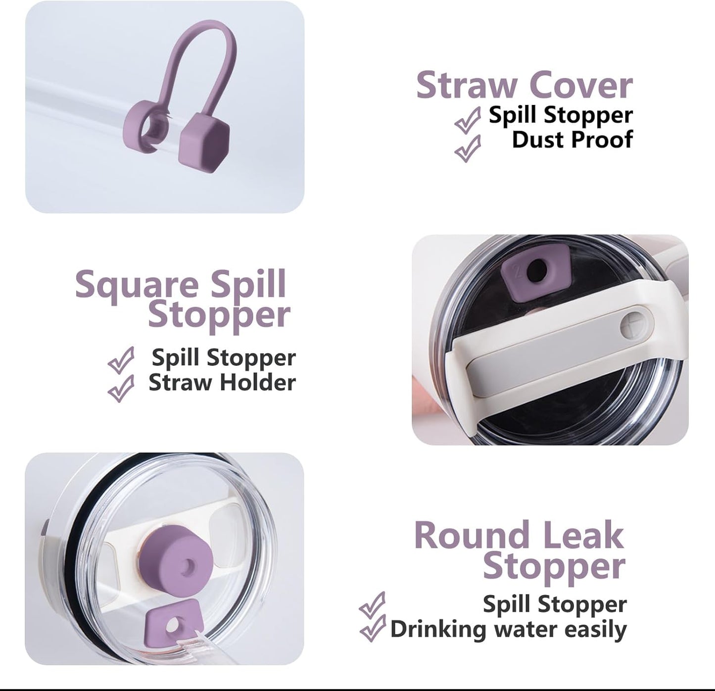 Silicone Spill Stopper Set Compatible with Stanley Cup 2.0 30oz & 40oz with Straw Cover (Set of 2, Lilac)