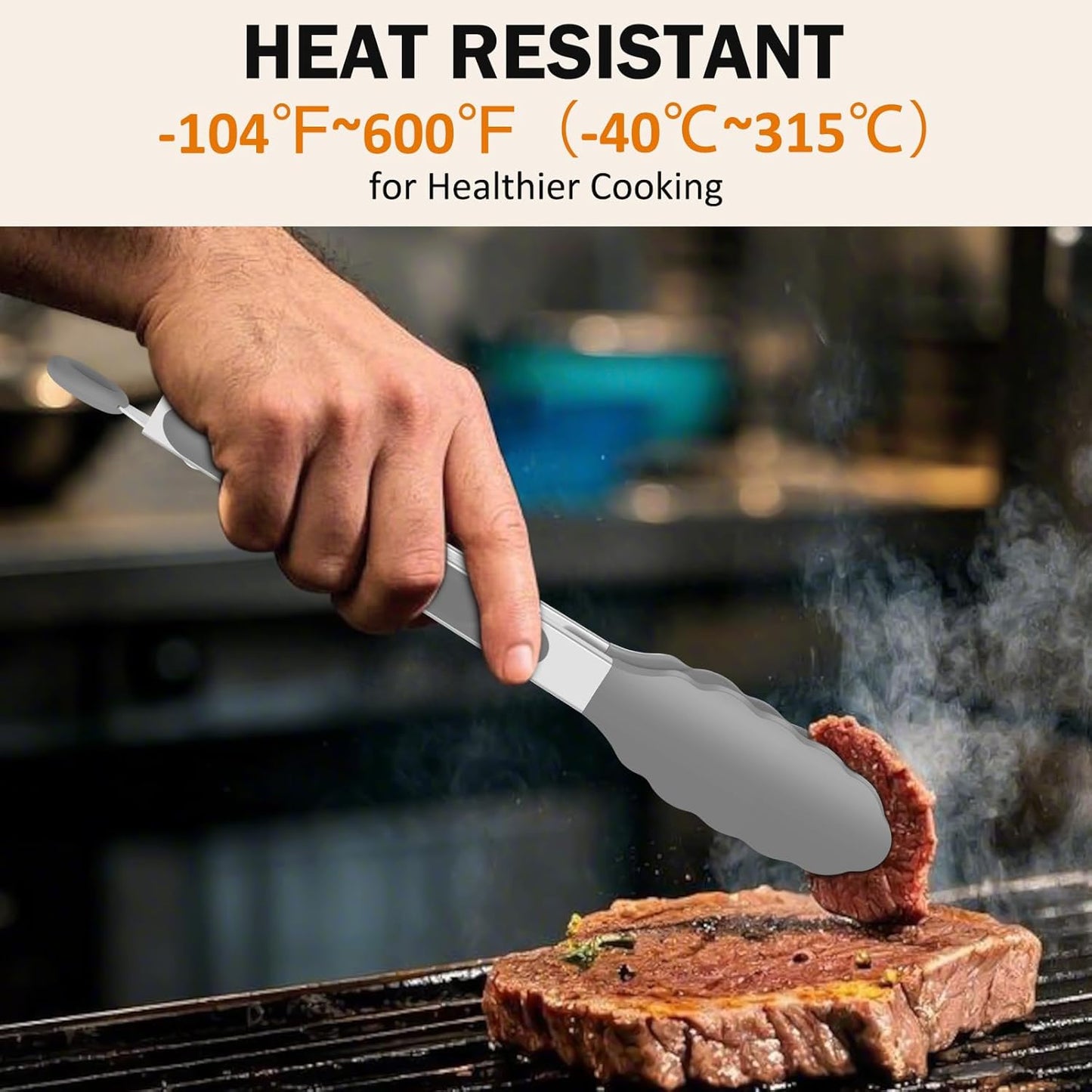 Kitchen Tongs, Stainless Steel Silicone Tongs for Cooking 600ºF High Heat-Resistant BBQ Grilling Locking Tongs, Set of 2-9" and 12" Light Grey