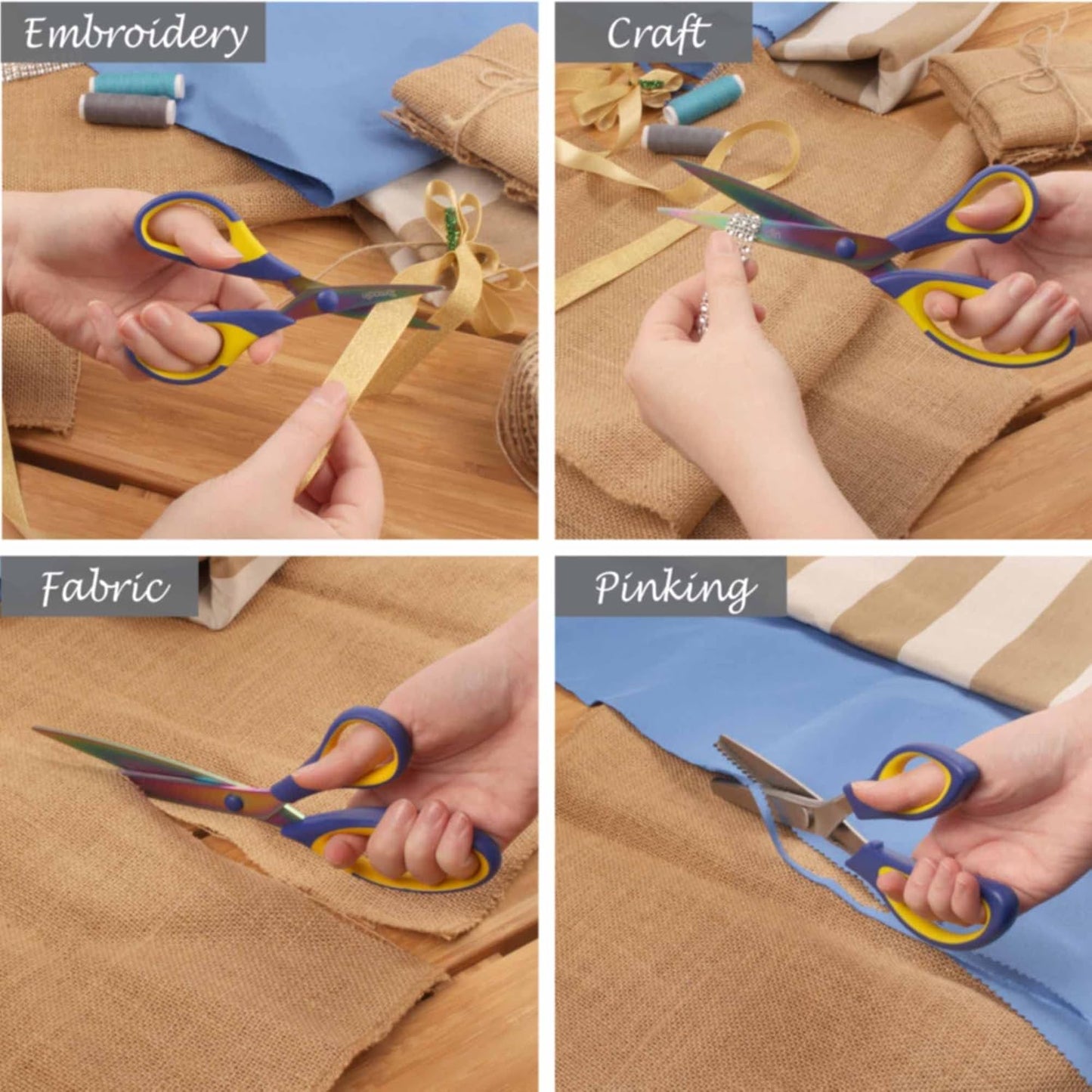 BambooMN Titanium Softgrip Scissors Set - Pinking, Sewing, Arts, Crafts, Office - 1 Set of 4 - Blue w/Yellow